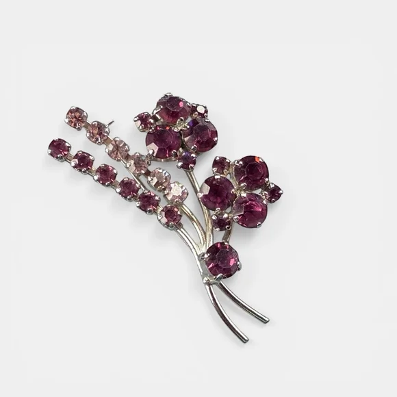 Vintage Austrian Crystal Brooch Purple Pink Rhinestone Floral Spray Pin 1950s - Picture 9 of 10